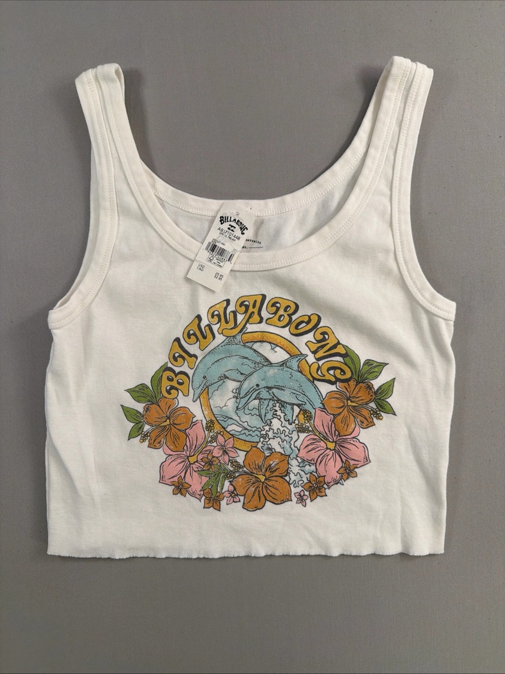 Billabong White Crop Tank with Dolphin Floral Graphic